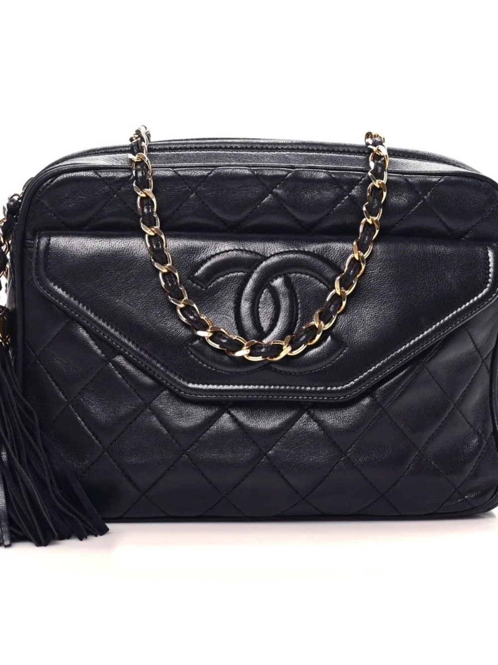 CHANEL Vintage 1990 Lambskin Quilted Tassel Camera Bag Navy